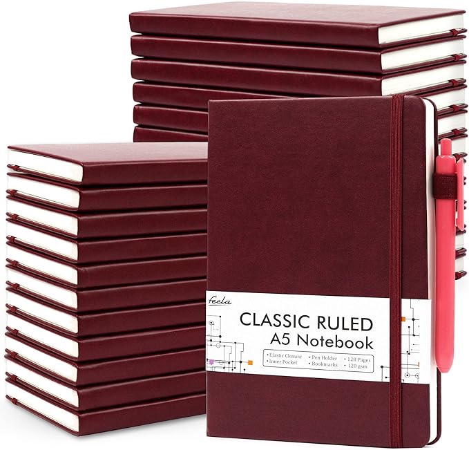 feela 24 Pack Journal Notebook for Work, Business Notebook Bulk Hardcover Lined Writing Journal with Pen Holder for Men Women Note Taking, with 24 Black Pens, 120 GSM, 5.1”x8.3”, A5, Wine
