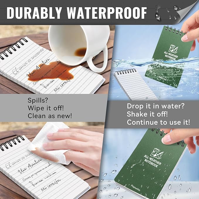 POPYOLA 8 Pack Waterproof Pocket Notebook, 3x5 Pocket Notepad, All Weather Mini Spiral Notepad, Write in the Rain Police Notepad with 100 Squared Pages for Outdoor Home Office School, Green