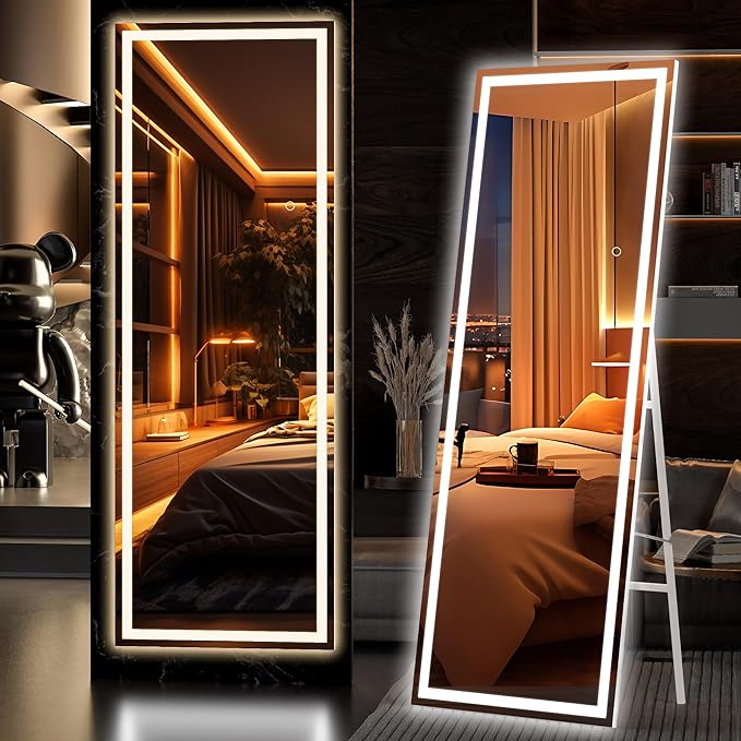 Hasipu Full Length Mirror with Lights, 65" x 21.7" LED Floor Mirror, Full Body Dressing Standing, Hanging Mounted Mirror for Living Room Bedroom Cloakroom, Square White