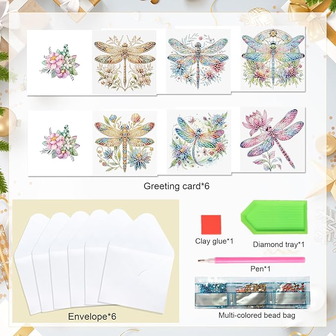Tontut 6pcs Diamond Art Painting Kit Greeting Card, Colourful Dragonfly 5D DIY Diamond Handmade Holiday Glitter Greeting Card with Envelope, Holiday Gift Congratulation