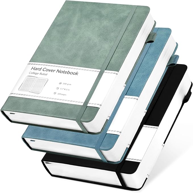 CAGIE 3 Pack Journals Notebooks for Women Men Thick Lined Journaling Notebooks A5 Leather Journals for Writing Hardcover Journal Supplies Diary, Green& Black& Blue