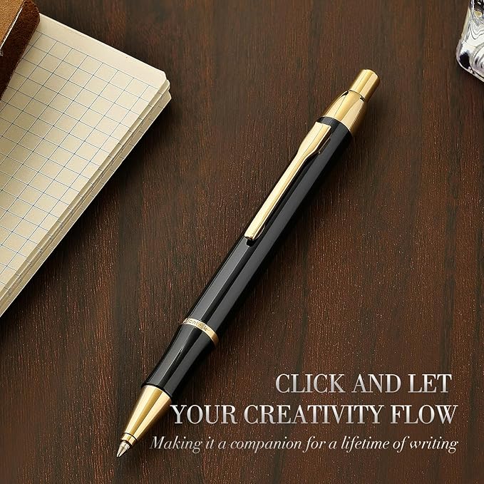 Black Gel Pen With 24K Gold Finish, Fine lacquer work, Best Men's And Women's Gift Pen Set, Professional, ADMOK Black Refill, Smooth Writing, Executive, Office, Click, Nice Retractable Pens