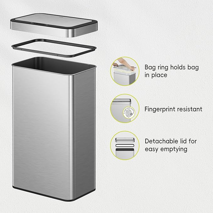 EKO Nova Sensor Trash Can, 21 Gallon/80 Liter Stainless Steel Rectangular Touchless Motion Sensor Trash Can, Matte Metallic
