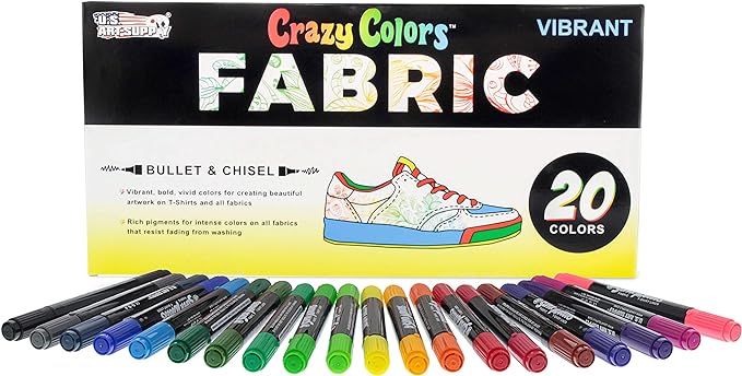 U.S. Art Supply Super Markers 20 Unique Colors Dual Tip Fabric & T-Shirt Marker Set-Double-Ended Fabric Markers with Chisel Point and Fine Point Tips - 20 Permanent Ink Vibrant and Bold Colors