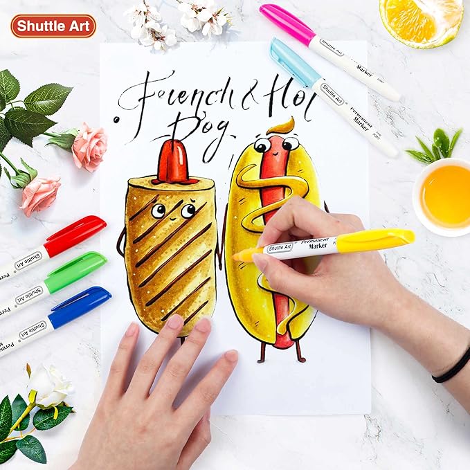 Shuttle Art 48 Colors Permanent Markers, Fine Point, Assorted Colors, Works on Plastic,Wood,Stone,Metal and Glass for Doodling, Coloring, Marking