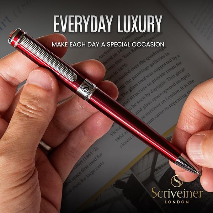 Scriveiner Deep Crimson Ballpoint Pen - Stunning Red Lacquer Luxury Pen, Chrome Finish, Schmidt Black Refill, Best Ball Pen Gift Set for Men & Women, Professional Executive Office, Nice Designer Pen