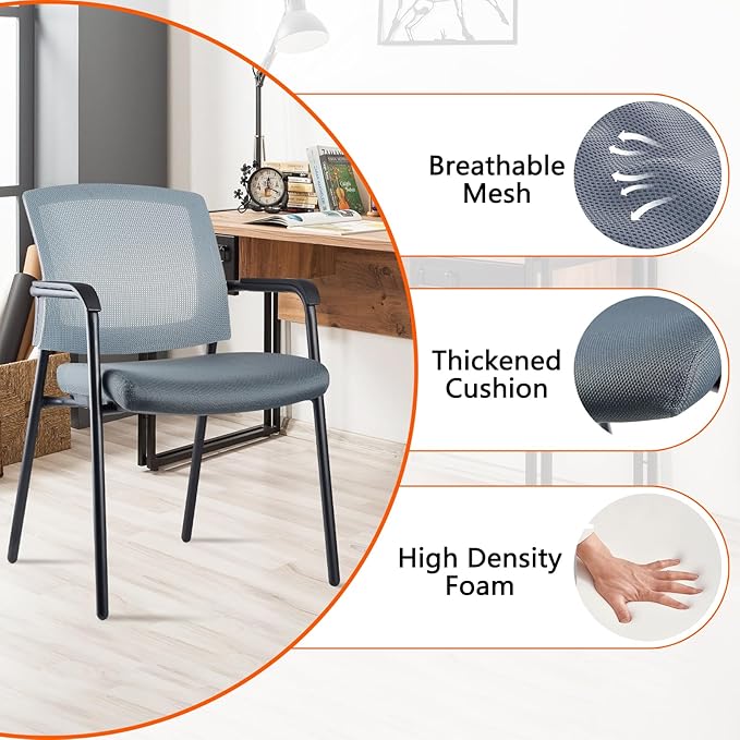 CLATINA Office Reception Guest Chair Mesh Back Stacking with Ergonomic Lumbar Support and Thickened Seat Cushion for Waiting Conference Room Gray