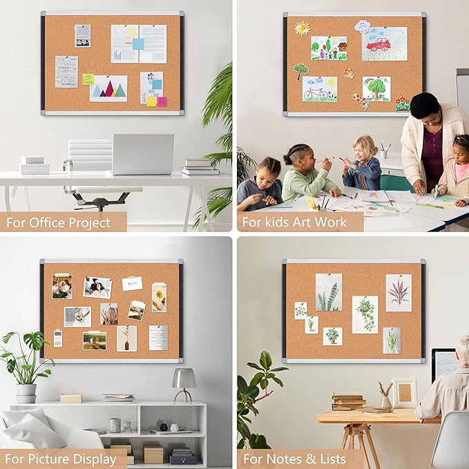Board2by 2 Pack Cork Bulletin Board 24" x 36", Black/Silver Aluminium Framed Corkboard, Office Board for Wall Decor, Large Wall Mounted Notice Pin Board with 18 Push Pins for School, Home & Office