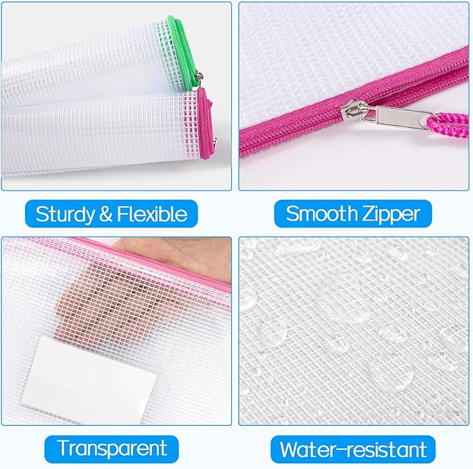 Sooez 20 Pack Mesh Zipper Pouch Bags, A4 Letter Size, Zipper Bags with Label Pocket, Waterproof Pouches for Classroom Organization, Board Game Storage, Document Bag for Teacher School Office Supplies