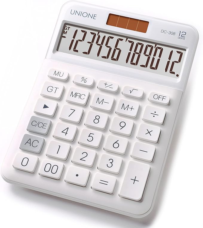 UNIONE Big Size Calculator with a Bright LCD, Dual Power Handheld Desktop. Color. Business, Office, High School 5×7in (WHITE)