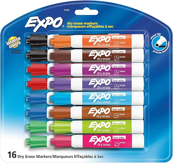 EXPO Low Odor Dry Erase Markers, Chisel Tip, Assorted Colors, 16 Count