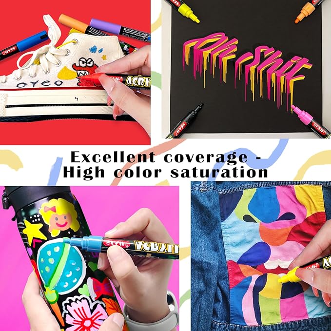 SFAIH Acrylic Creative Markers Set of 48 with Organizer, 3mm Medium Tips - 48 Colors, Waterproof, Fast Drying, Gift for Kids and Adults - Art Supplies, Fabric Paint, Rock Painting, Art Markers