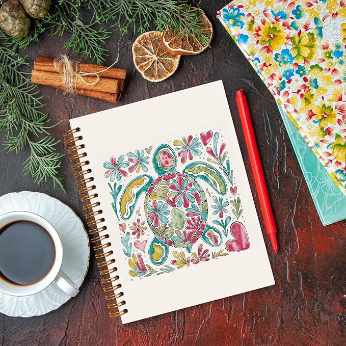 JXREQ Cute Floral Sea Turtle Notebook Ocean Beach Journal Gifts for Women Note Taking Bible Notes Writing, Gifts for Turtles Lovers, Pretty Spiral Notebooks 5.5x8.3