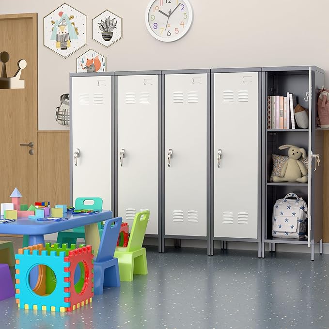 Aobabo Metal 54" H Metal Storage Locker for Employees, Lockable 1 Door with Towel Rack and 2 Side Pegboards with Hooks for Home School Office Gym, Assembly Required (Gray White)