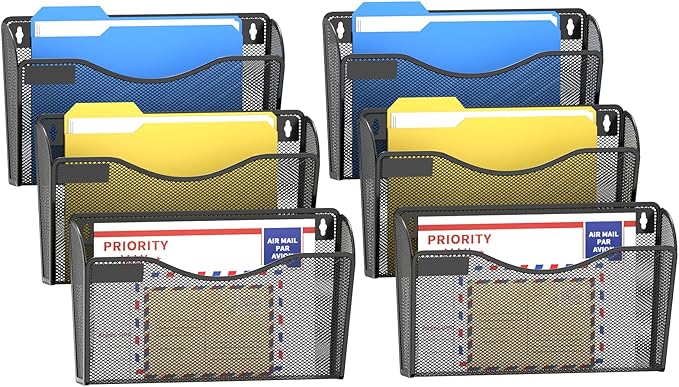samstar 6 Pack Mesh Wall Mounted File Holder Metal Wall File Pocket Mail Organizer for Office/Home(with Label Panel)