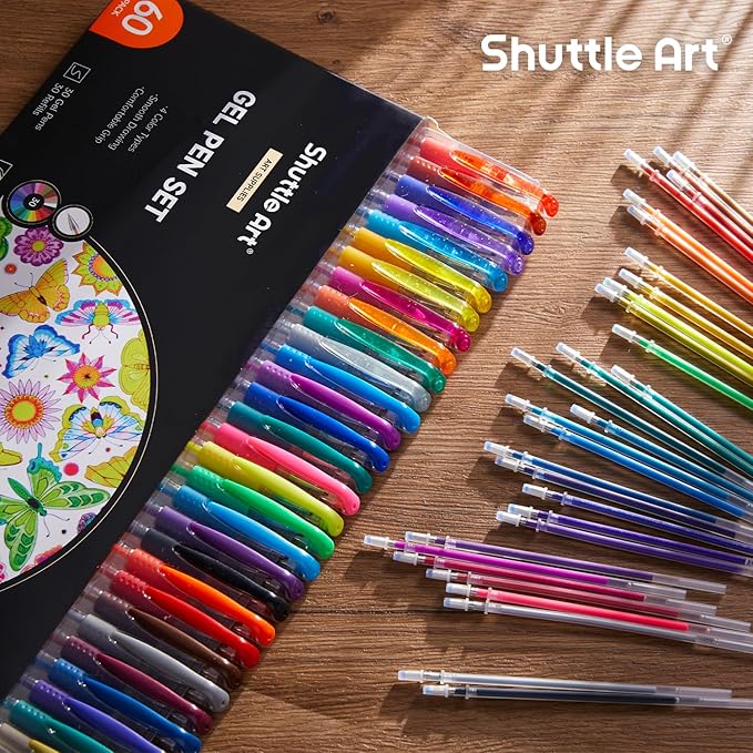 Shuttle Art Gel Pens, 60 Pack Gel Pen Set 30 Colored Gel Pen with 30 Refills for Adults Coloring Books Drawing Doodling Crafts Scrapbooking Journaling