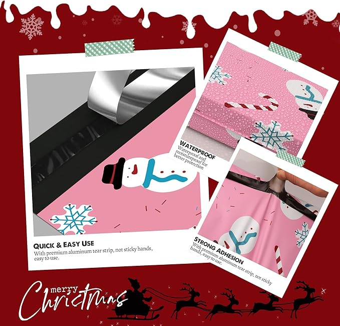 Christmas Poly Mailer 6x9 Inch 100 Pcs, Waterproof Shipping Bags for Clothing, Tear-Resistant Mailier, Strong Mailing With Self-Seal - Snowmen Printed