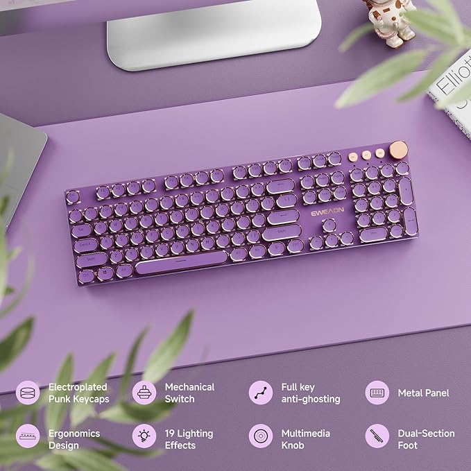 EWEADN Typewriter Style Mechanical Gaming Keyboard, Wired Mechanical Keyboards,104 Keys Backlit LED Keyboards, Media Control Knob, Wired Computer Keyboard Pink Switch for Windows/Mac/PC-Purple