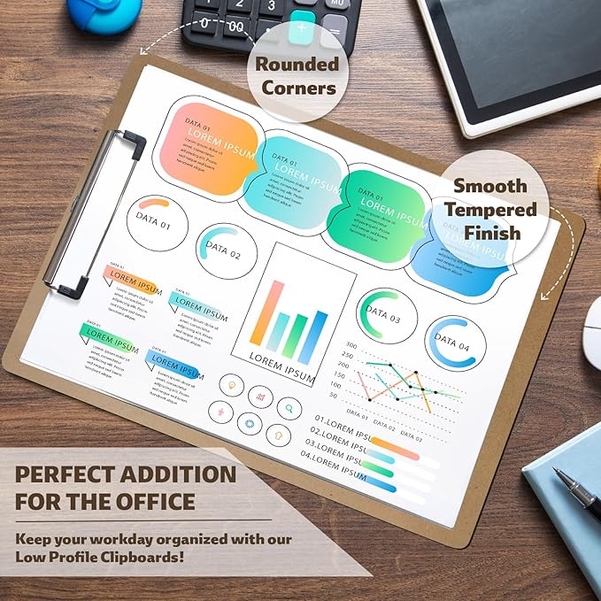 24 Pack Clipboards Bulk, Standard A4 Letter Size Wooden Hardboard Office Clipboard for Classroom, Work-Meetings, with Low Profile Clip, 12.5 x 9 Inch