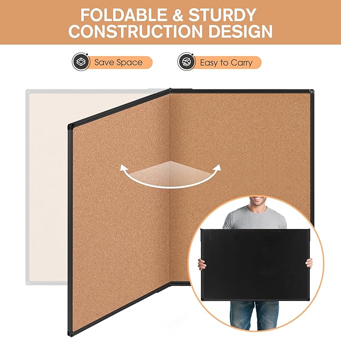 Board2by Extra Large Cork Bulletin Board 60" X 48", Foldable Notice Pin Board for Wall, Black Aluminum Framed 5'x4' Corkboard, Wall Mounted Noticeboard with 36 Push Pins for School, Home & Office