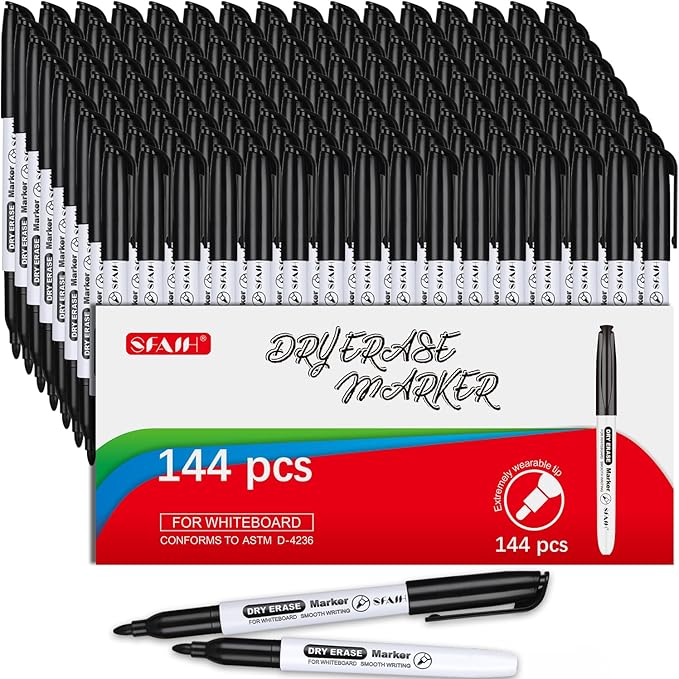 SFAIH Fine Tip Dry Erase Markers - 144 Pack Black Whiteboard Erasable Markers Bulk for Kids Adults, Ideal for Classroom School Office Home Use on White Board, Non-Toxic Easy Clean