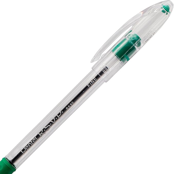 Pentel R.S.V.P. Ballpoint Pen, 0.7mm Fine Tip, Green Ink, Box of 12 (BK90-D)