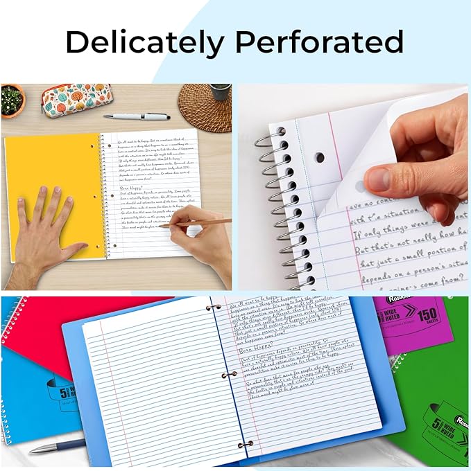 5 Subject Spiral Notebook, 3 Pack, Wide Ruled, Water Resistant Cover, Thick 300 Pages/Book (150 Sheets), 8 x 10-1/2, 3 Hole Punched, Colored Dividers, Assorted Colors, Bulk School & Office