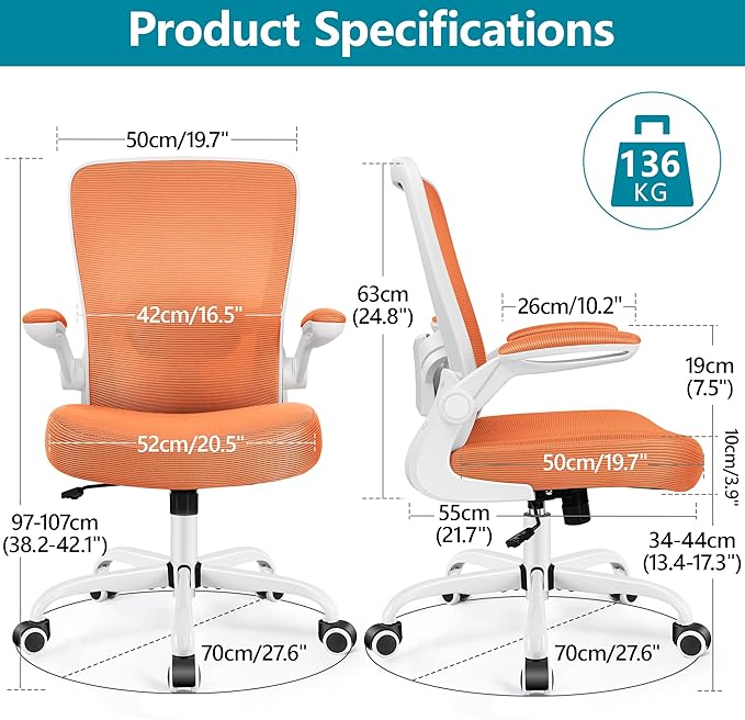 FelixKing Office Chair, Ergonomic Desk Chair Breathable Mesh Chair with Adjustable High Back Lumbar Support Flip-up Armrests, Executive Rolling Swivel Comfy Task Computer Chair for Home Office
