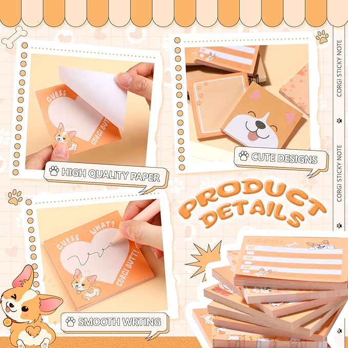 9 Pads Cute Sticky Notes Cartoon Animal Self Stick Notepads 3x3 Inches Notes Adhesive Memo Pad Office Decor Gifts for Students School Office Meeting(Corgi)