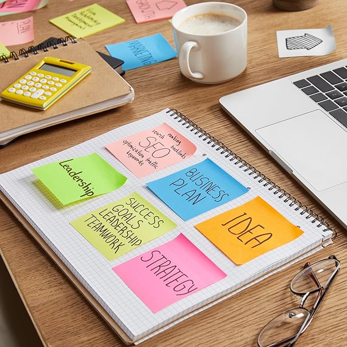 24 Pack Sticky Notes 3x3 Inches, 8 Bright Colors Self-Stick Notes, Strong Adhesive Sticky Memo Pads forHome Office School, 100 Sheets/Pad