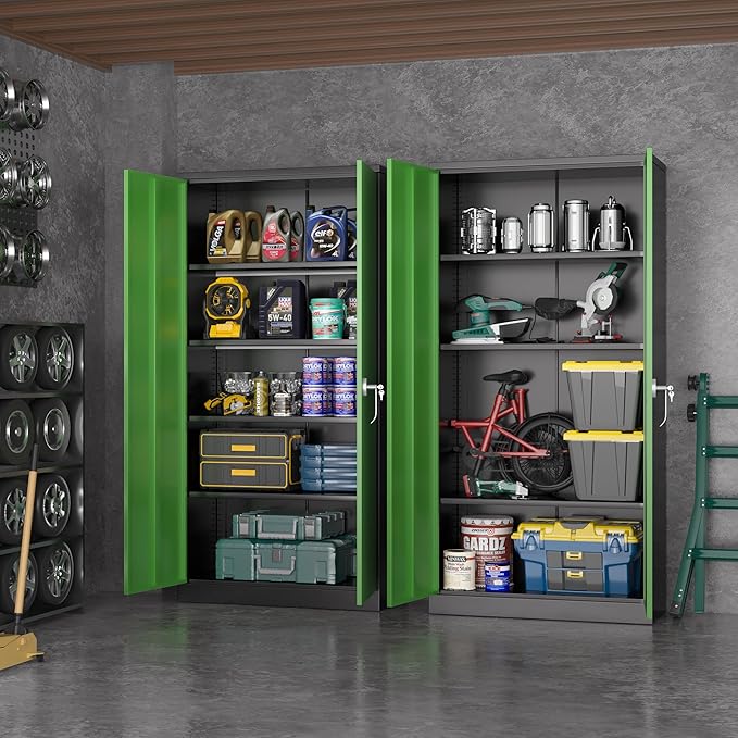Greenvelly Metal Garage Storage Cabinet, 72" Tall Steel Storage Cabinets with Doors and Adjustable Shelves, Metal Tool Cabinets, Locking File Cabinet for Home Office, Garage, School (Black&Green)