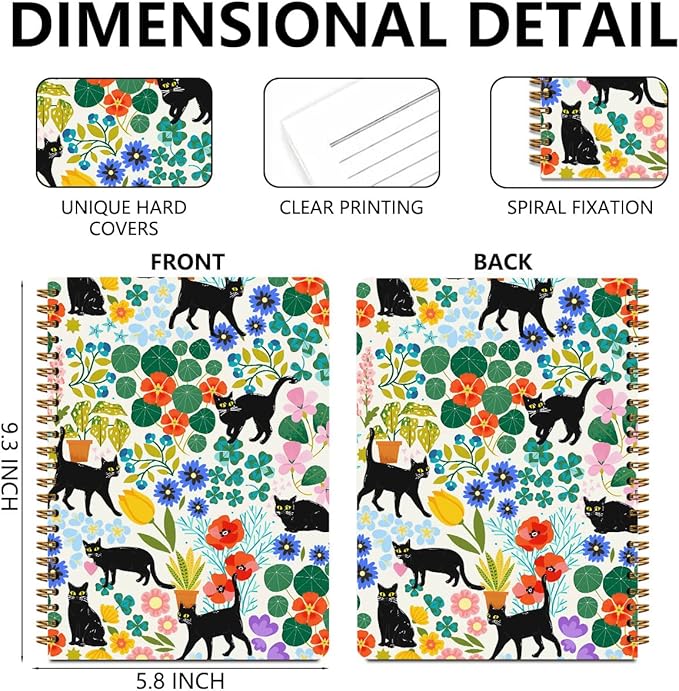 2Pcs Cute Spiral Notebook, Floral Cat College Ruled Spiral Notebook, 160 Pages Hardcover Notebooks Journals for Writing Travel Business Office, Funny Aesthetic Notebooks for Women Cat Garden