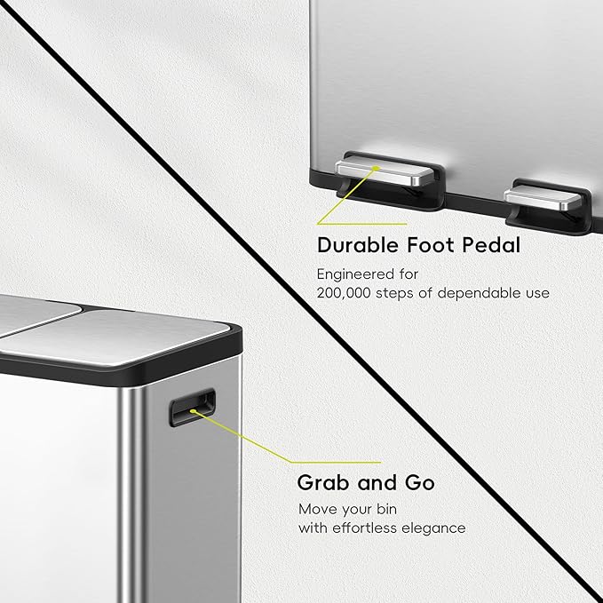 EKO EcoCasa Stainless Steel Dual Step Trash Can for Recycling, 30L+20L Rectangular Kitchen Trash Can, Independent Pedals and Lids, Soft Close and Fingerprint Resistant