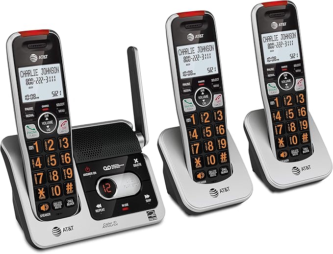 AT&T BL102-3 DECT 6.0 3-Handset Cordless Phone for Home with Answering Machine, Call Blocking, Caller ID Announcer, Audio Assist, Intercom, and Unsurpassed Range, Silver/Black