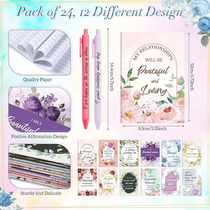 24 Set/48Pcs Positive Affirmation Gift Set Gratitude Notebooks with Pens Small Bags Motivational Encouragement Notepad Daily Affirmations Journal for Women Stress Relief Self Care (Watercolor)