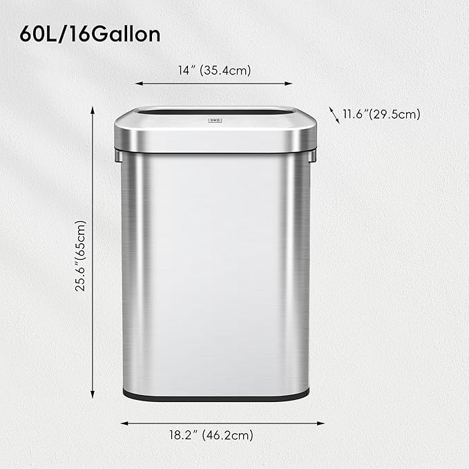 EKO Urban 16 Gallon/60 Liter Open Top Stainless Steel Slim Commercial Trash Can, Tall Kitchen Trash Bin, Heavy-Duty Commercial Grade Large Garbage Bin for Home, Office, Hotel, Cafe, Restaurant, Dorm