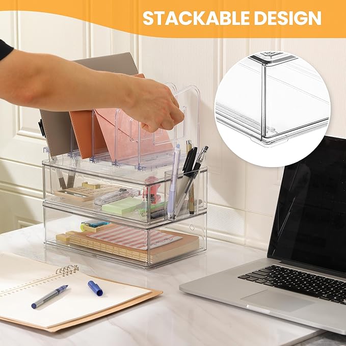 Acrylic Desk Organizer Set, 2 Pack Stackable Drawer Organizer with 4 Vertical File Sorter and 2 Pen Holders, Desktop Storage for Files, Letter, Documents, Office Supplies, Desk Accessories