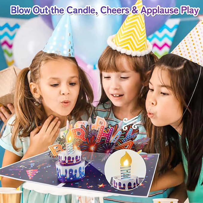 Birthday Cards Fireworks 3D Pop Up Blowable Cake Light Music Happy Birthday Card Gifts for Women,Men, Mom, Kids