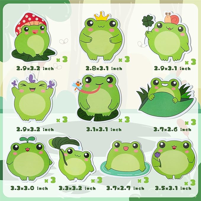 30 Pack Frog Sticky Notes, Total 600 Sheets, Cute Cartoon Frog Self Sticky Notepads Writing Memo Pads Animal Page Marker for Office School Student Birthday Party Favors Goodies Bag Fillers