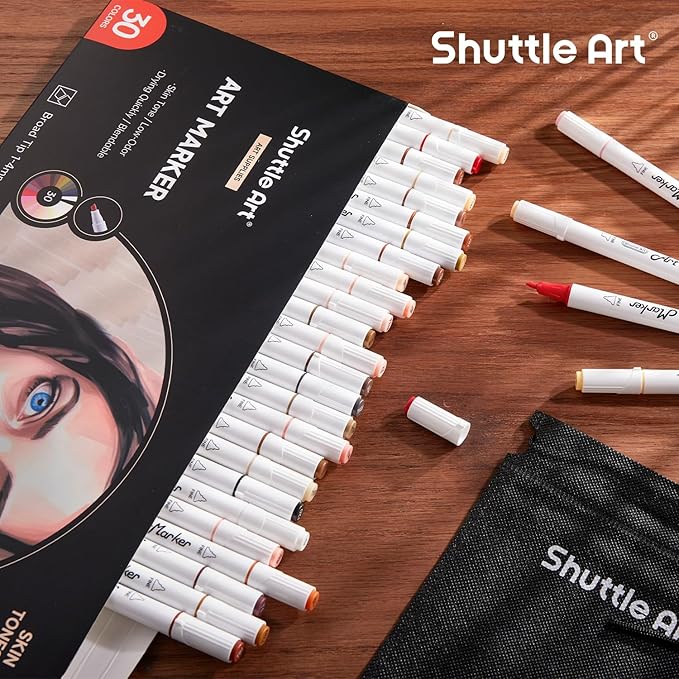 Shuttle Art 30 Colors Skin Tone&Hair Art Markers, Dual Tip Alcohol Based Flesh Color Marker Pen Set Contains 1 Blender Perfect for Kids & Adults Portrait,Comic, Anime, Manga, Illustration