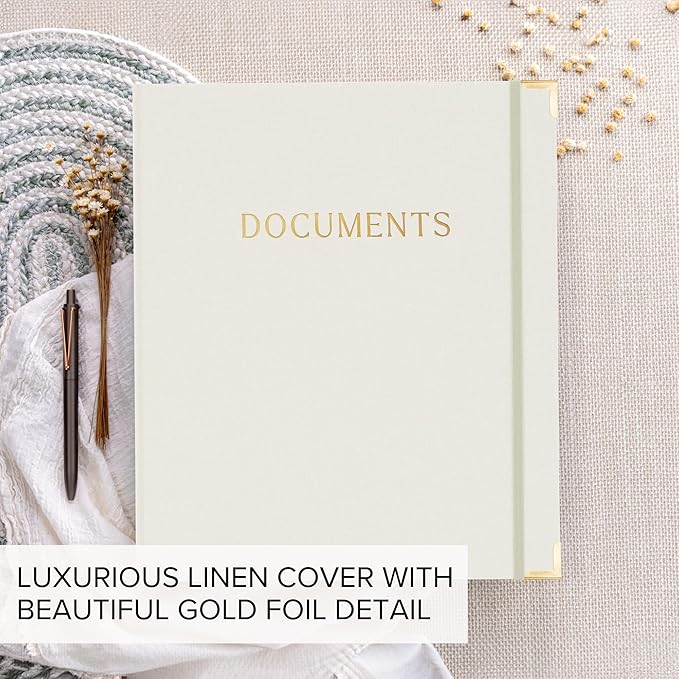Aesthetic Document Organizer - Sturdy Linen 3-Ring Binder Safely Stores All Your Important Documents and Files in One Place - Easy to Use Expanding Storage Folder Incl. Envelopes, Pockets & Labels