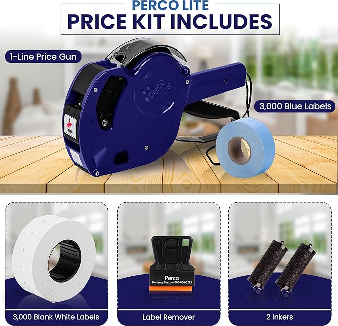 Perco Lite 1 Line Price Gun with Labels Kit - Includes 3 White Rolls, 3 Blue Rolls, 2 Ink Rollers - 1 Ink roll and Labels Pre-Loaded