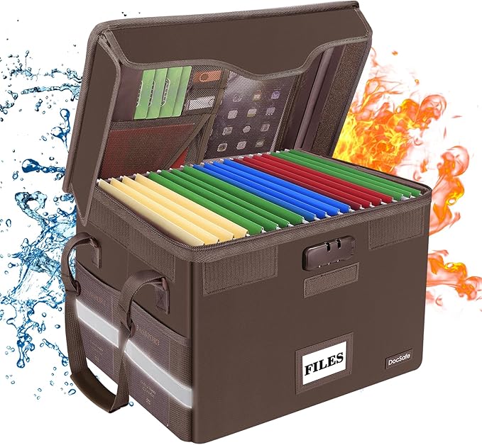 DocSafe File Box Fireproof Document Box with Lock, File Storage Organizer Box with Pockets,Collapsible Portable File Box Home Office File Cabinet with Handle for Hanging Letter/Legal Folder,Brown