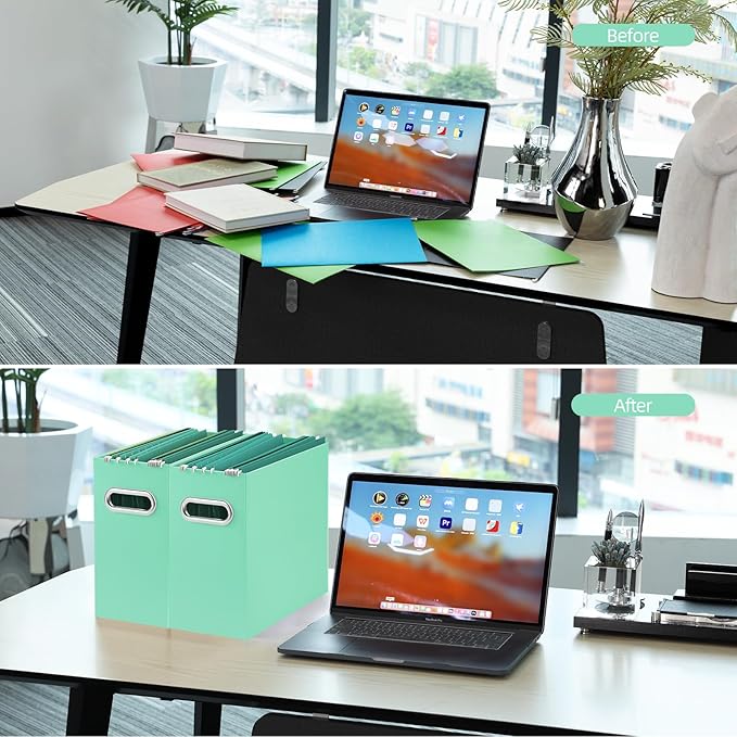 Oterri File Organizer, Small Storage Box, Cardboard File Folder Organizer, Collapsible File Box, Hanging File Organizer for Letter Size, Portable File Box with Handle, Only Box (Mint Green,2 Packs)