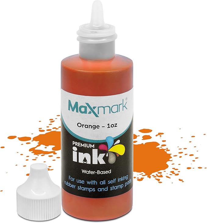 MaxMark Premium Refill Ink for self Inking Stamps and Stamp Pads, Orange Color - 1 oz.