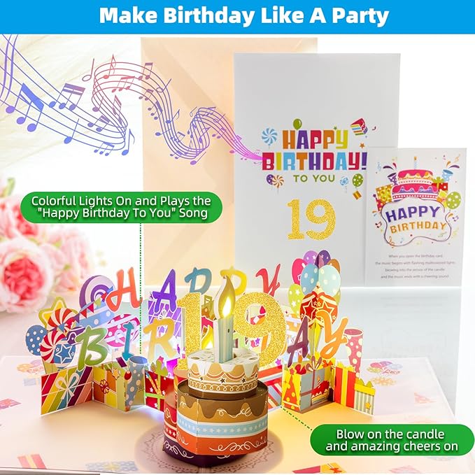 Gumry 19TH Musical Birthday PopUp Card, Blowable Colorful Light Candle 3D Cards with Song, Applause Cheers Sound, Greeting Cards Birthday Gifts Decorations for Girls Boys Turning 19 Years Old