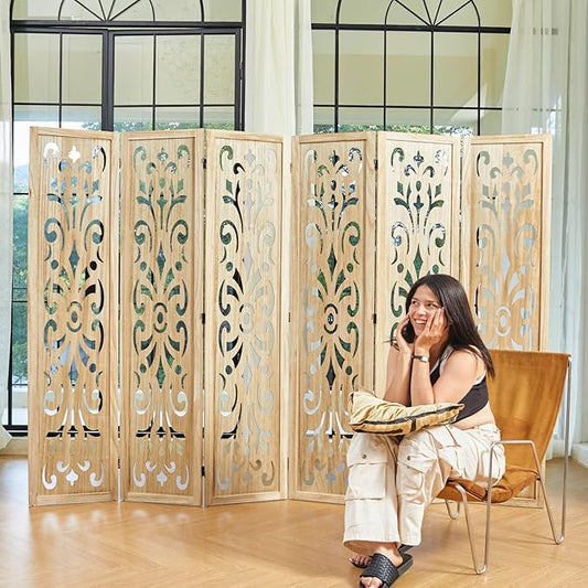 5.6Ft Room Divider Folding Wood Classical Carved Partition Screen for Home Office Garden - 6 Panels (Natural)