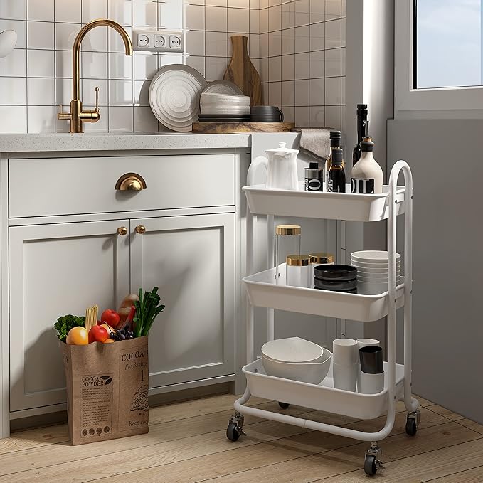 3-Tier White Utility Rolling Cart,Kitchen Storage Carts with Wheels,White Metal Rolling Cart for Office,Home,Kitchen,Garden（18"x11.4"x31.2"）
