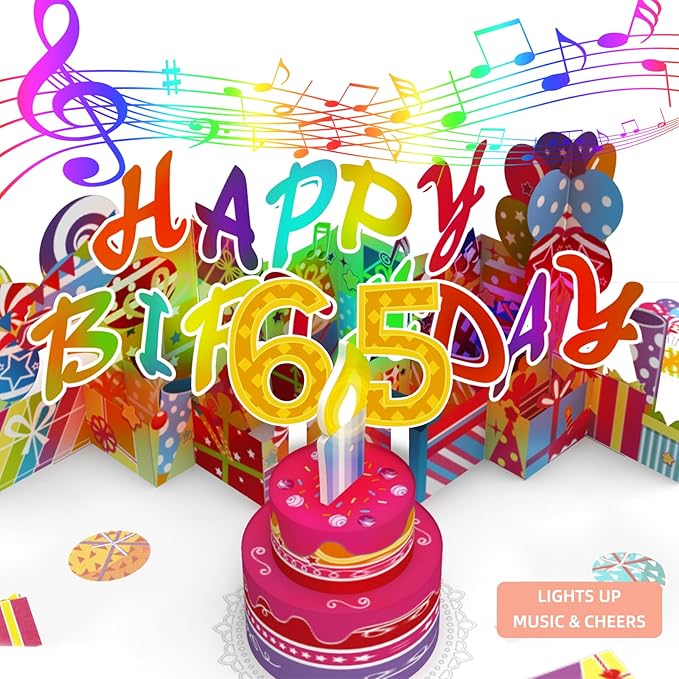Gumry 65TH Musical Birthday PopUp Card, Blowable Colorful Light Candle 3D Cards with Song, Applause Cheers Sound, Greeting Cards Birthday Gifts Decorations for Women Men Turning 65 Years Old