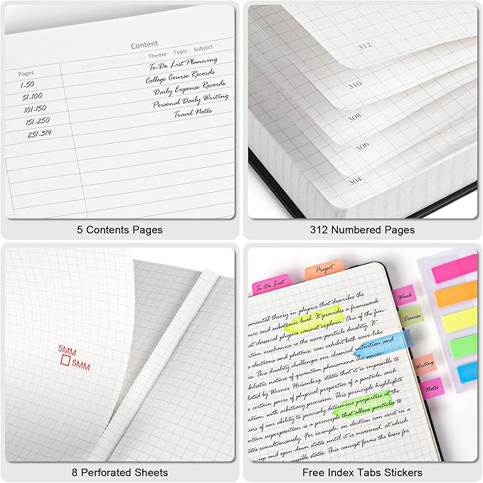 Graph Paper Notebook, 312 Numbered Pages Large A4 Hardcover Leather Journal, 100gsm No Bleed Grid Paper Notebook with Index Pages, Squared Grid Notebook for Graphing Notes Math, 8.5'' × 11'', Grey